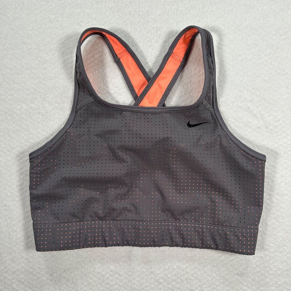 Nike Women's Large Gray Mesh Racerback Dri-Fit Logo Athletic Sports Bra